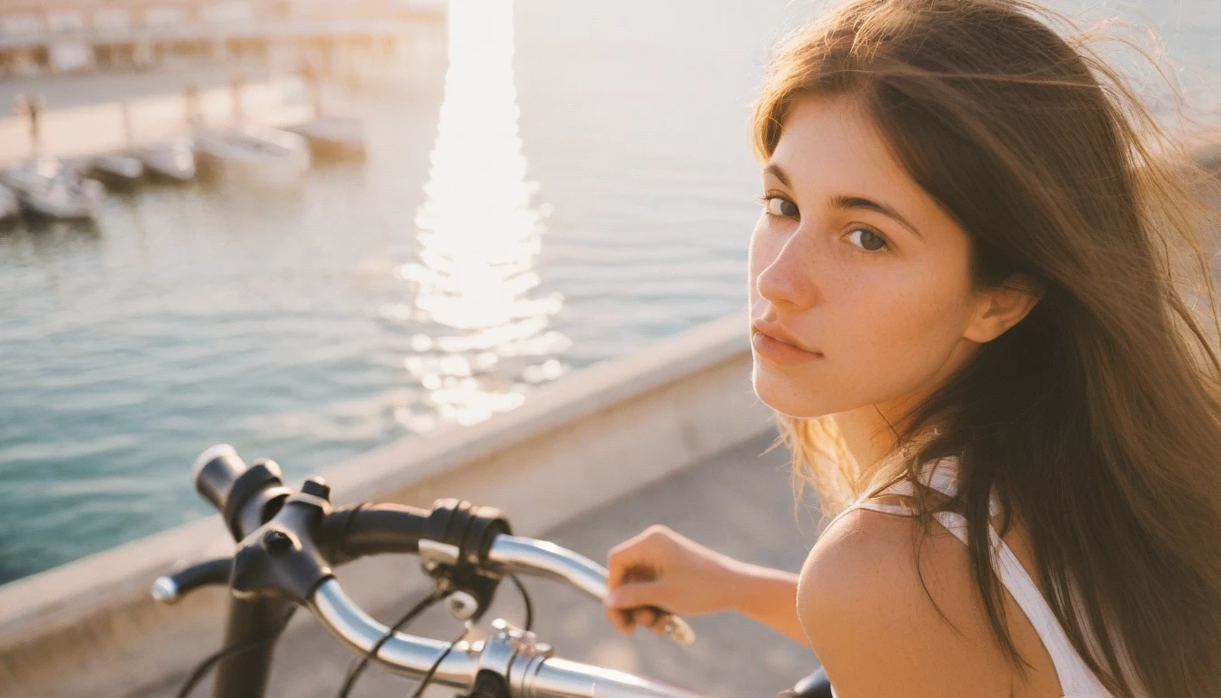 Close up, 1girl, aesthetic, bicycle, Nice, France, pier, morning sun,