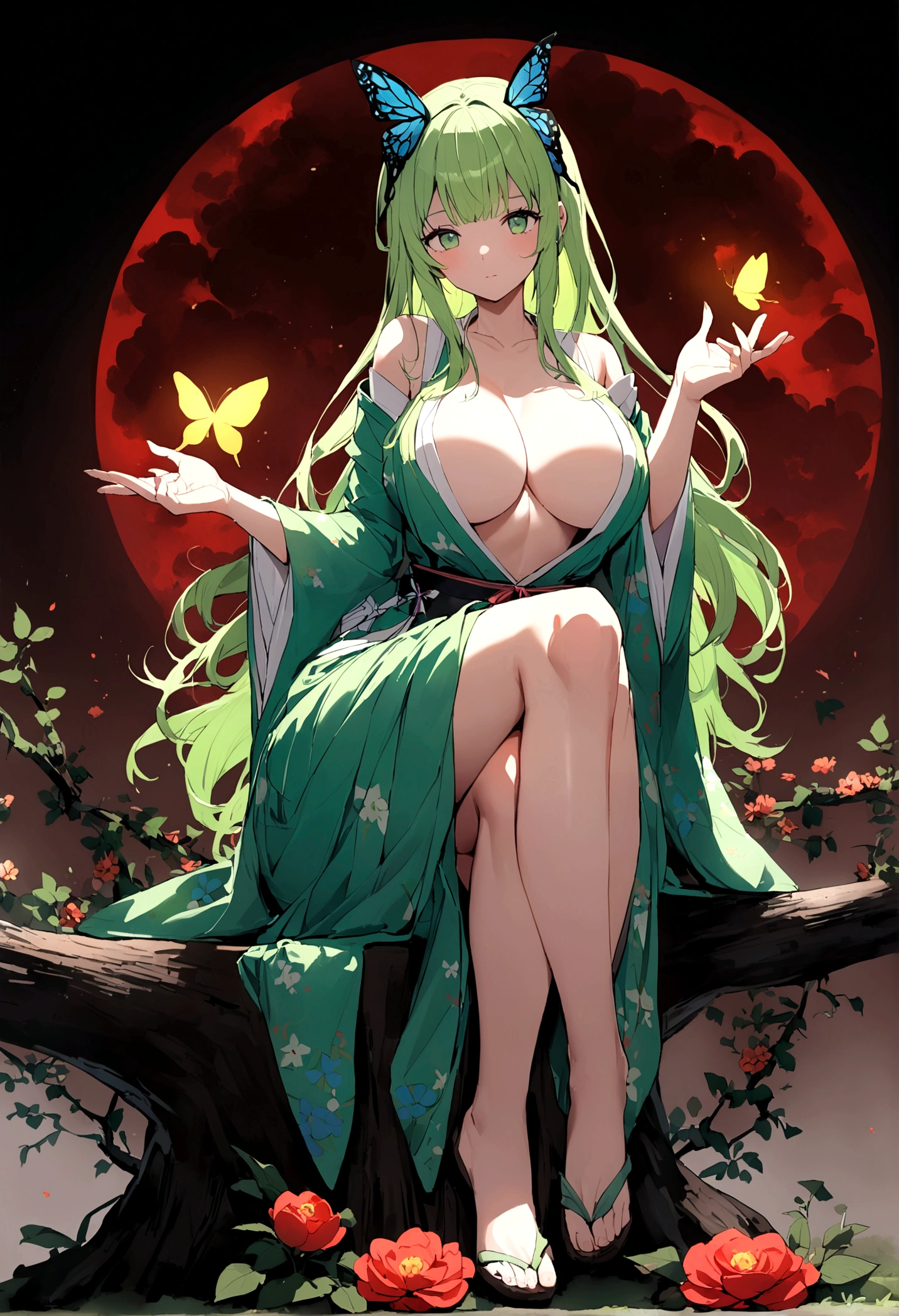 Beautiful anime style girl with long hair,(((Green Hair)))long medium hair,(((Highest quality)))Transparent Hair,Cool face,Confused face,(((Green Eyes))),Fun Beautiful Girl,(((A well-defined, glamorous body)))Tight waist,Big Breasts,(((flower柄の和服)))A beautiful and radical girl wearing a radical green kimono,(Butterfly ornament),全身にVineで巻かれている,((Hakama)),((Revealing modified kimono)),Fair skin,(((Sexy pose))),(Sitting on a stump)),(Cross-legged figure),(((detailed)))Full Body Shot,Vine,flower,Countless butterflies,(((background)))fog,Red Moon,flower畑,In the dark forest。