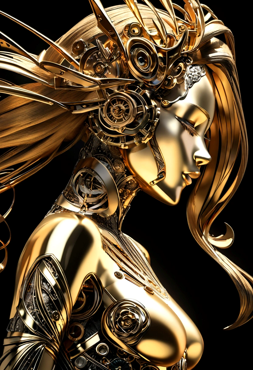 A centered profile of a 3D woman with an illustrated face, facing left, long hair, long eyelashes, metal skin, fleshy lips, eyes closed, wearing a top hat in her headwith gears on it that extend all over her hair , digital art inspired by Hedi Xandt, kinetic art, made from gold metal gears, vintage, steampunk, gold with black veins, metallic background, open copy space, metal skin., textured skin, super detail, high details, high quality, award winning