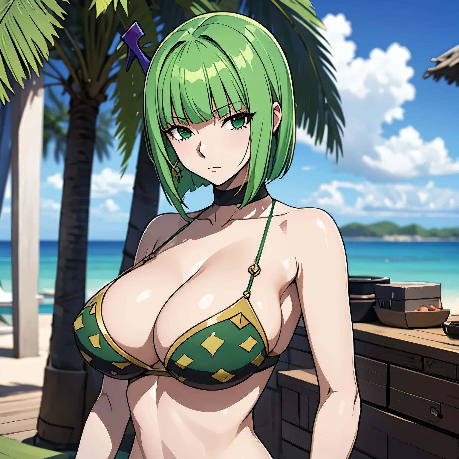 Brandish, Woman 20 years old, green hair preserve, decorations in her hair, green eyes, expressionless, big breasts, Bikini. background a tropical beach.