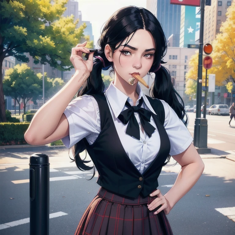 ((best quality), (hyperrealisti), mh-yk, Occupation: college student. Appearance: A slender young woman with long black hair styled in twintails. she has fair skin, striking features and intense dark eyes that convey intelligence and focus. Seu look consiste em uma white blouse, black vest e plaid hip skirt, highlighting college uniform outfits: white blouse, black vest, plaid hip skirt (schoolar uniform) funny scene, eating ice cream cone in the park and spilling it on his shirt, confused expression. (detailed scene,cinematic,natural lighting)art inspired by Alphonse Mucha