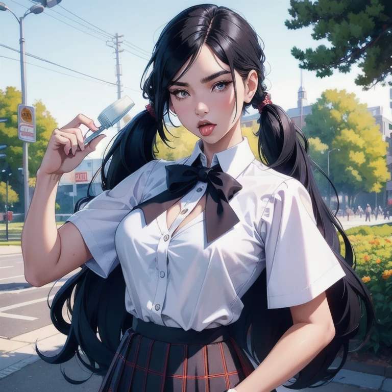 ((best quality), (hyperrealisti), mh-yk, Occupation: college student. Appearance: A slender young woman with long black hair styled in twintails. she has fair skin, striking features and intense dark eyes that convey intelligence and focus. Seu look consiste em uma white blouse, black vest e plaid hip skirt, highlighting college uniform outfits: white blouse, black vest, plaid hip skirt (schoolar uniform) funny scene, eating ice cream cone in the park and spilling it on his shirt, confused expression. (detailed scene,cinematic,natural lighting)art inspired by Alphonse Mucha