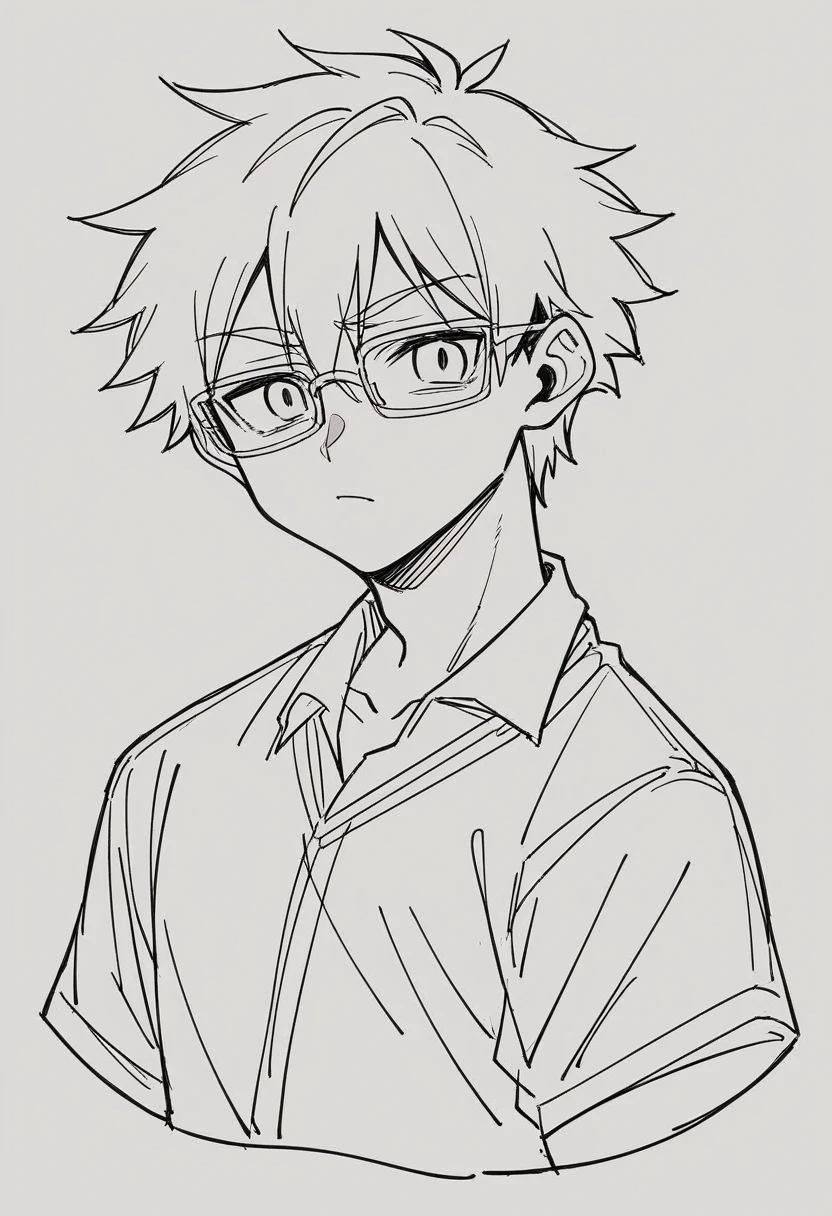 a drawing of a man with glasses and a shirt on, clean anime outlines, clean line art, simple line art, intense line art, perfect line art, sharp line art, line art!!, bold line art, line art, outlined!!!, thick line art, outline sketch, anime style flat shading, outline drawing, outline art, simple line art