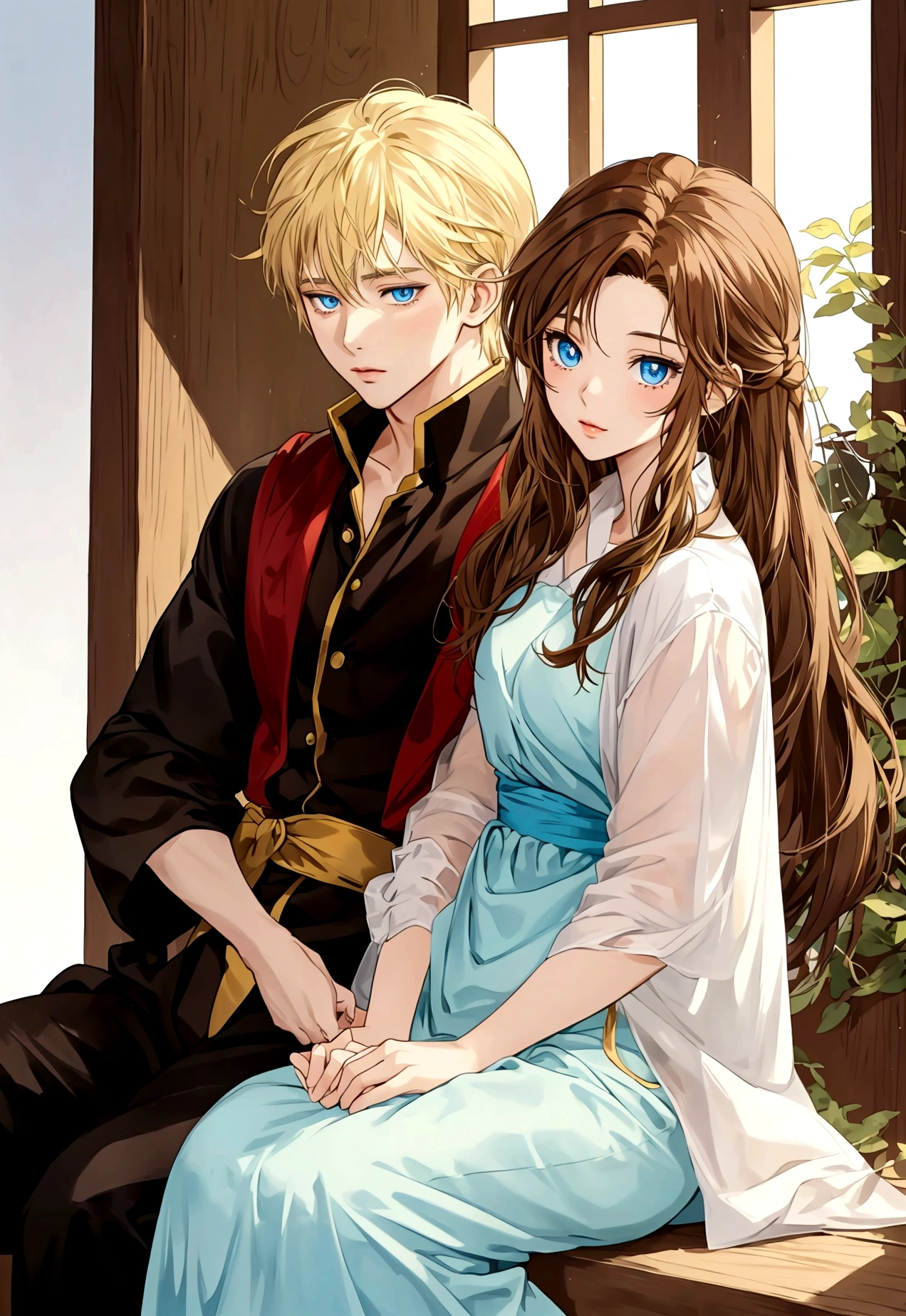 A manga style brown hair girl with a blond boy with blue eyes, the two are close. in shibli manga style