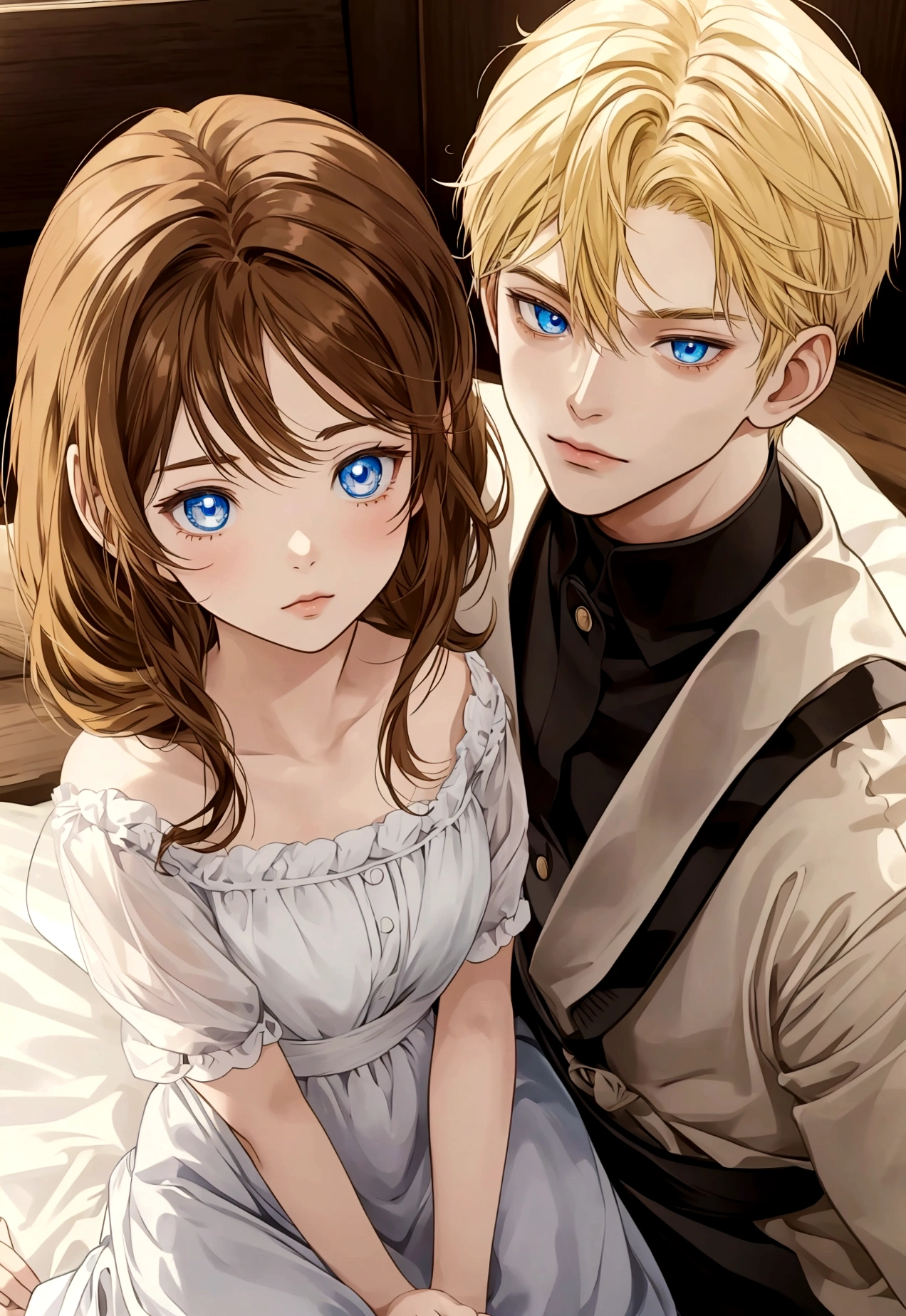 A manga style brown hair girl with a blond boy with blue eyes, the two are close. in shibli manga style