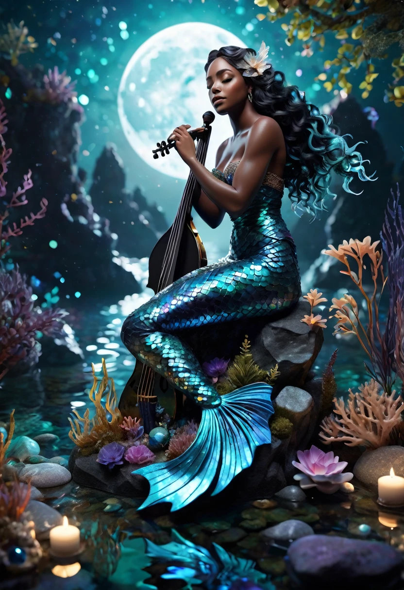 A stunningly realistic black mermaid, with iridescent scales shimmering like opals and diamonds, sits elegantly on a submerged rock, playing a intricately carved, glowing harp under the celestial glow of a full moon, amidst a kaleidoscope of aquatic life, with seaweed swaying to the melody, in a lush 3D render, boasting razor-sharp focus, hyper-realistic portraits, and an ultra HD, vibrant palette of turquoise, sapphire, and emerald hues, with an exaggerated sense of drama, crafted using cutting-edge 3D modeling, Octane rendering, V-Ray, and Unreal Engine, evoking an otherworldly, cinematic atmosphere.