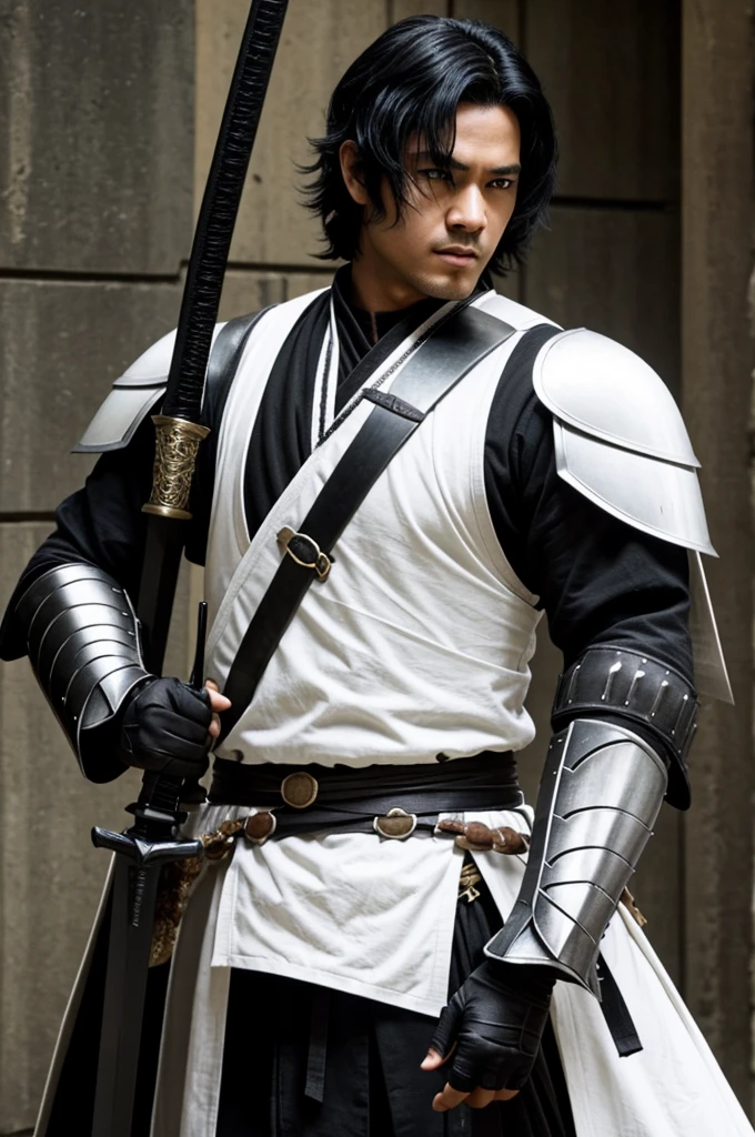 He has very light skin, black hair with white strands to the shoulders, He always wears black armor and carries two katanas with black and white hilts.