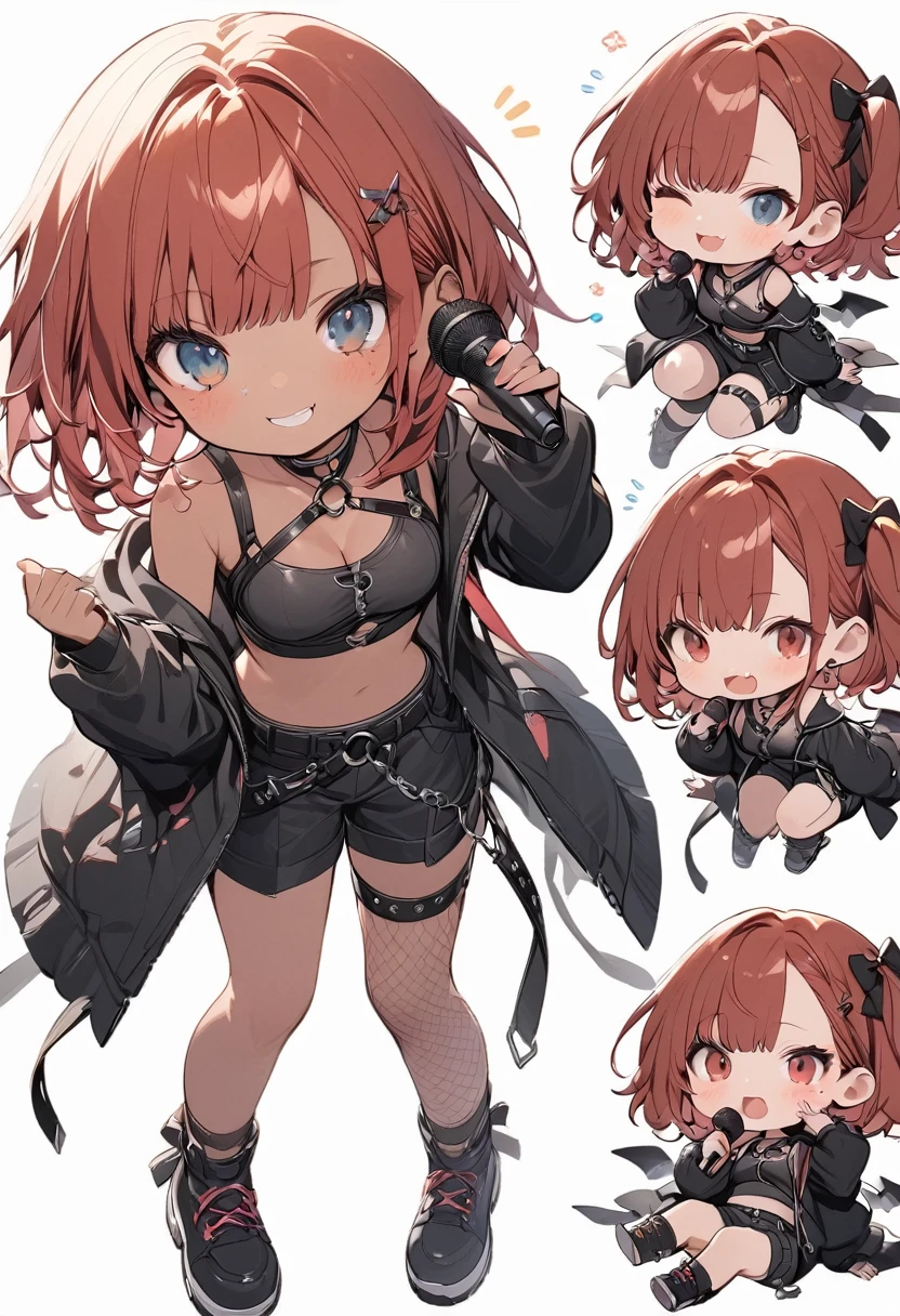 full body,1 girl, (cute:1.3),short red Hair, left eye blue, right eye yellow, tan skin, freckles,｛open sexy clothes, black skirt, Black stockings, long sleeves, chest harness, black shirt, crop top, shorts, Shoes, O-Ring, midriff, off shoulder, medium breasts, thigh strap, shorts, fishnet stockings,Glossy, shiny material, chibi emote, chibi character, chibi, holding microphone with both hands, singing into microphone, singing, embarrassed expression 