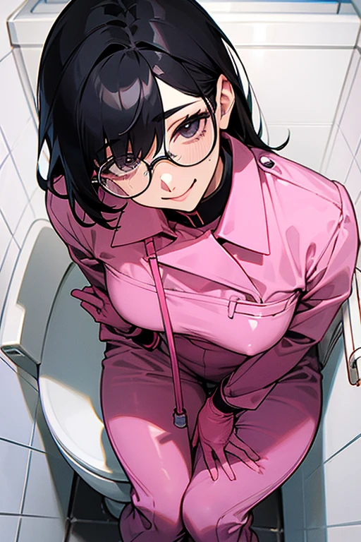He had black hair and wore glasses.、A mature toilet cleaner wearing long sleeve jumpsuits and large pink rubber gloves is smiling tenderly as she strokes his penis