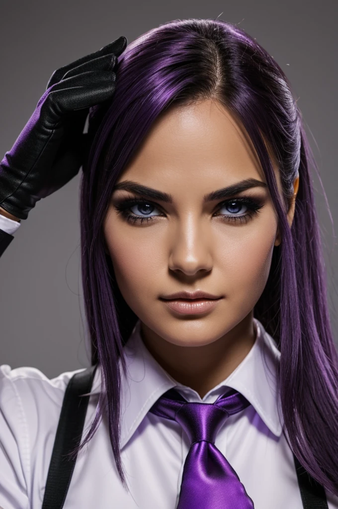 female character ,wide, purple, black eyes, It lasts, tie, gloves