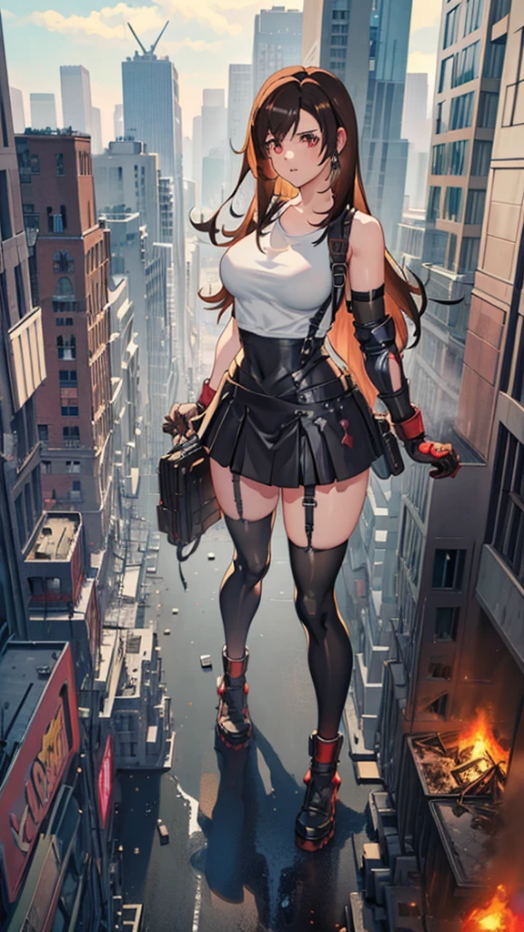 Anime Style masterpiece Unreal Engine Precision Cute Girls giant girl (Tifa Lockhart, bigger than a skyscraper)) ((A view from the sky)) ((Destroyed city in flames)) ((Fire)) ((Destroyed buildings)) ((Destroyed cars)) ((Pile of rubble)) ((tifa lockhart((Final Fantasy 7))))) 90's Giant Girl on the Road in the Big City Uniform Skirt ((Dim cloudy sky)) Female Giant huge girl full body Destroyed skyscrapers, destroyed cars, crowd Unreal Engine,