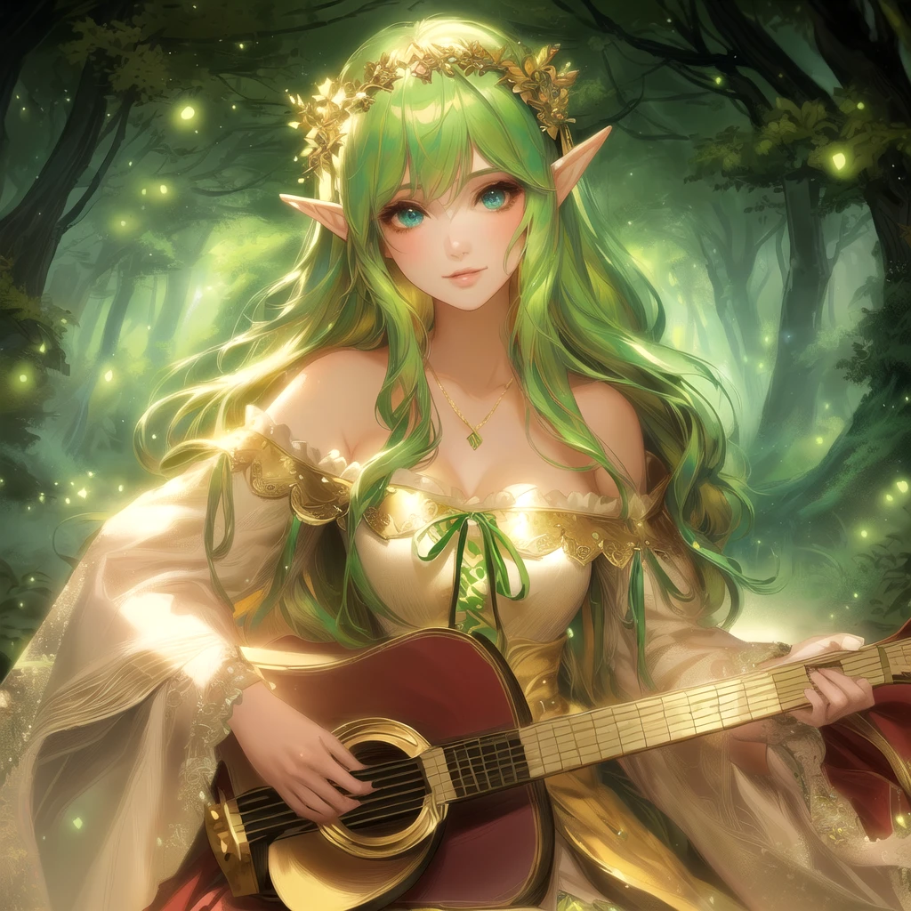 high quality、There is a girl with a harp in the forest, Elven bard of the forest playing the lute, Fantasy art style, Elf Princess, Elf Princess, artwork in the style of Gwaiz, Elf Girl, beautiful Elf Princess, 2. 5d cgi anime fantasy artwork, epic Fantasy art style hd, alluring Elf Princess knight, epic Fantasy art style, Gwaiz