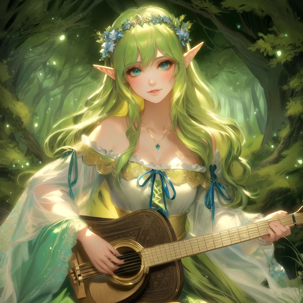 high quality、There is a girl with a harp in the forest, Elven bard of the forest playing the lute, Fantasy art style, Elf Princess, Elf Princess, artwork in the style of Gwaiz, Elf Girl, beautiful Elf Princess, 2. 5d cgi anime fantasy artwork, epic Fantasy art style hd, alluring Elf Princess knight, epic Fantasy art style, Gwaiz