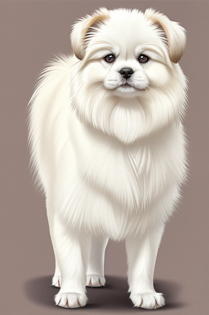 Drawing of a white Pekingese dog with the tips of its white paws