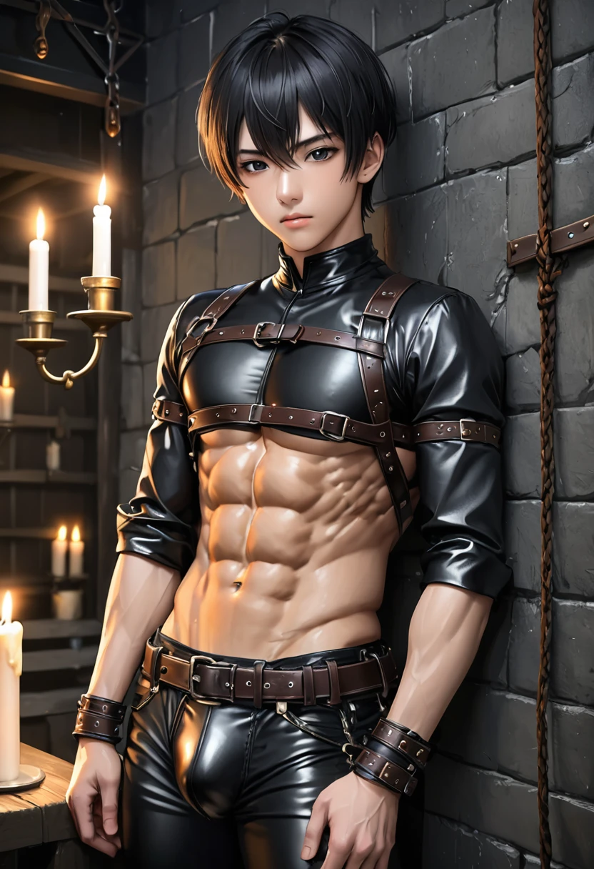 high quality, detailed, Realistic, (19 years old japanese idol boy), (detailed black eyes), (black short hair), (abs:1.5), (shiny skin), (leather bondage), dungeon, harness, (leather tiny thongs), (bulge:1.2), candle, detailed nipple detailed areola,