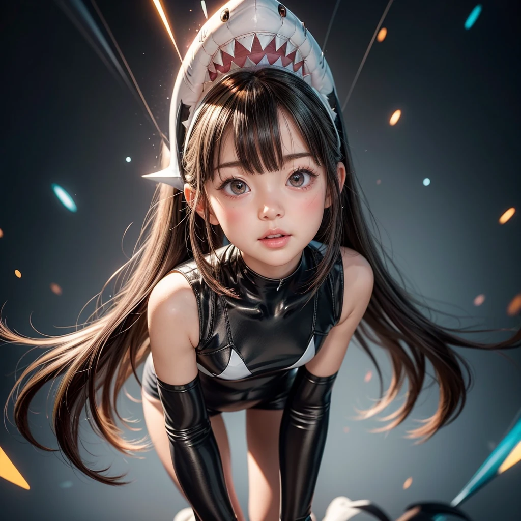 ((stuffed Shark head cap, Skinny BodySuit)), 8k, High-level, absurd, masterpiece, best quality, primitive, very detailed CG, very detailed wallpaper, perfect lighting, Extremely detailed ((( personifying " Shark" as a Little Girl))), MysticSight, Tyndall effect, Tyndall scattering, (Studio gray background with (Overflowing oodles Dazzling RainbowColorParticles (BokeH))), (RoundlyButts, ThighGap), (Exposed:0.4), (Assfocus with looking ahead) BREAK  (Acutance:0.88), (NOGIZAKA face variations) Extremely Detailed very KAWAII face variations, perfect anatomy, Childish, CaptivatingGaze ElaboratePupils detailed Eyes with (sparkling highlights:1.28), (Voluminous LongEyelashes:0.88)、GlossyRED Lips with beautiful details, RosyCheeks, Radiant PearlSkin with Transparency . { (Dynamic LifeLike expressions:1.4) | (:d) }, (large eyes:-1) .