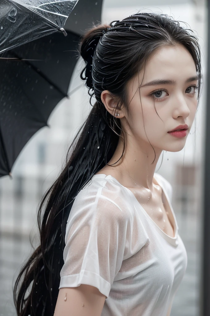 (((best quality))),(((ultra detailed))),(((masterpiece))),illustration,((1 beautiful girl,solo)),(dancing:1.3),((slim,thin)),short ponytail,((small breasts,flat chest)),floral short-sleeved shirt-dress,slender legs,rainy night, heavy rain, drenched clothes, melancholy expression, solitude, tear rolling down cheek, wet hair, empty streets, dimly lit, deserted environment, sound of rain, footsteps, symbol of hope, abandoned, resilience, determination, walking in rain, heartbreak, loss, love fading, loneliness, body language, facial expression, dreary atmosphere, rain-soaked streets, somber mood, viewer engagement,from front,urban scape,night scene,(((wet,sweat,shiny skin))),((from front,upper body)),
