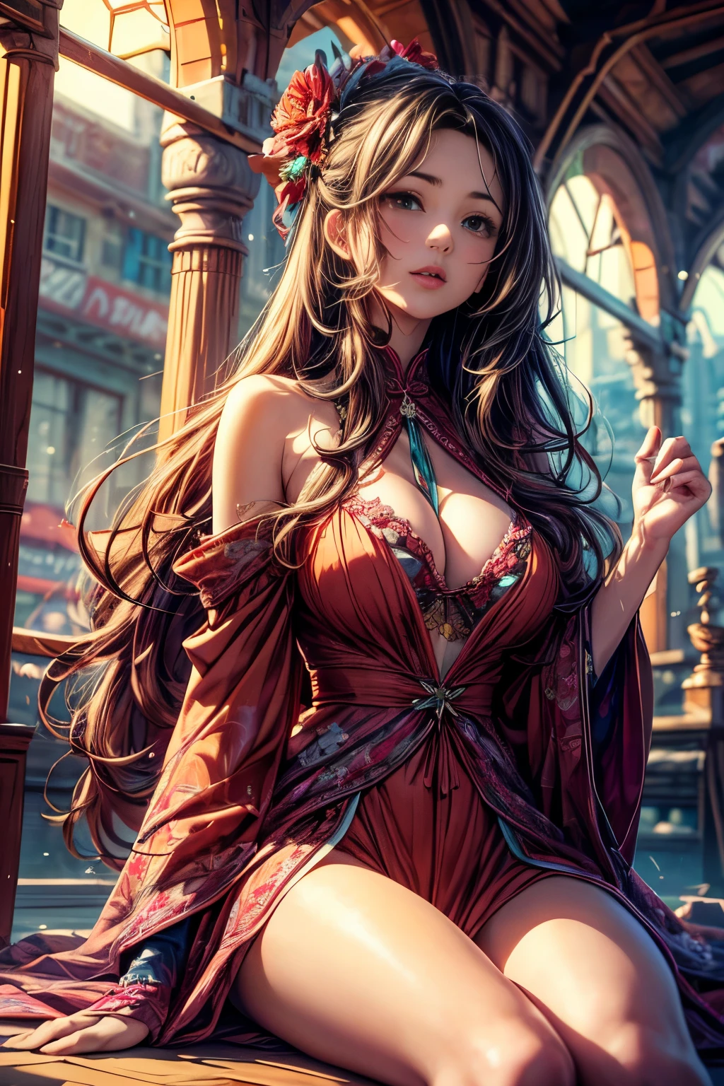 (Highest quality, masterpiece), Turquoise Screen Filter, (One girl, alone, Brown robes, expression, look up, Sitting, Wide sleeves, Iris, Mouth closed, Long Hair, Cowboy Shot), (sunny, Cosmos field, cloud), erotic, One slim woman, 25-year-old woman, huge firm bouncing busts, Pointed Chest, sexy long legs