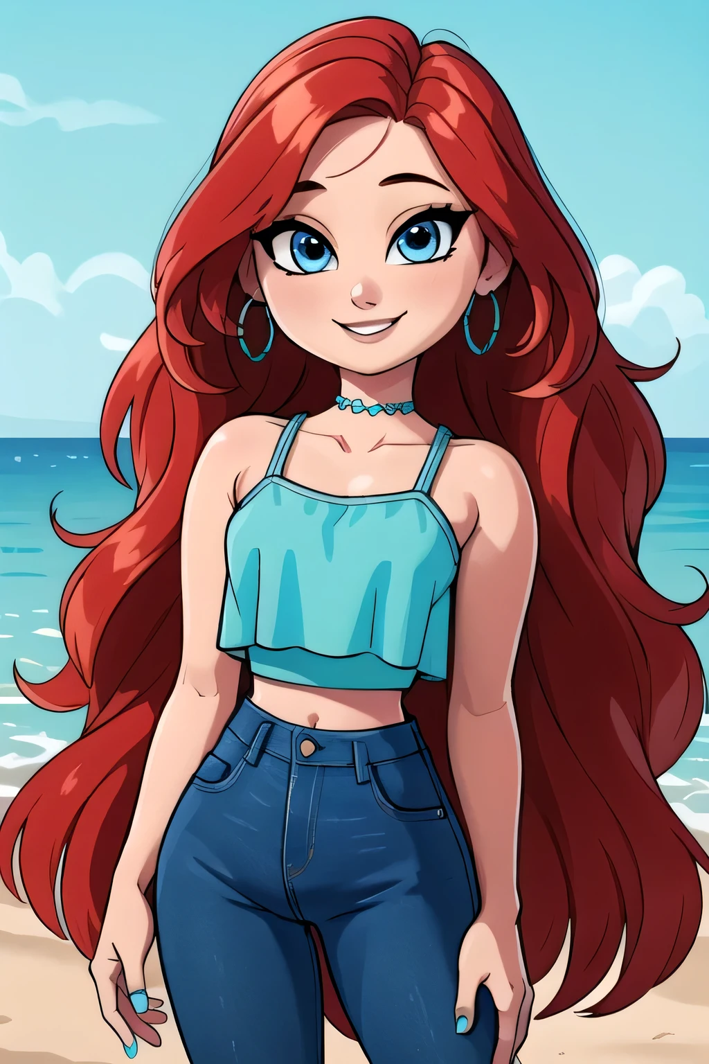 masterpiece,,((ultra detailed background, delicate pattern, intricate detail)), (highly detailed, fine details, rich colors), best quality, beautiful lighting, ruby 1girl, solo, long hair, looking at viewer, smile, jewelry, very long hair, standing, red hair, earrings, pants, blue eyes, white-skinned female, aqua ruffle crop top, denim, blue nails, jeans, hoop earrings, blue pants, beach background, 