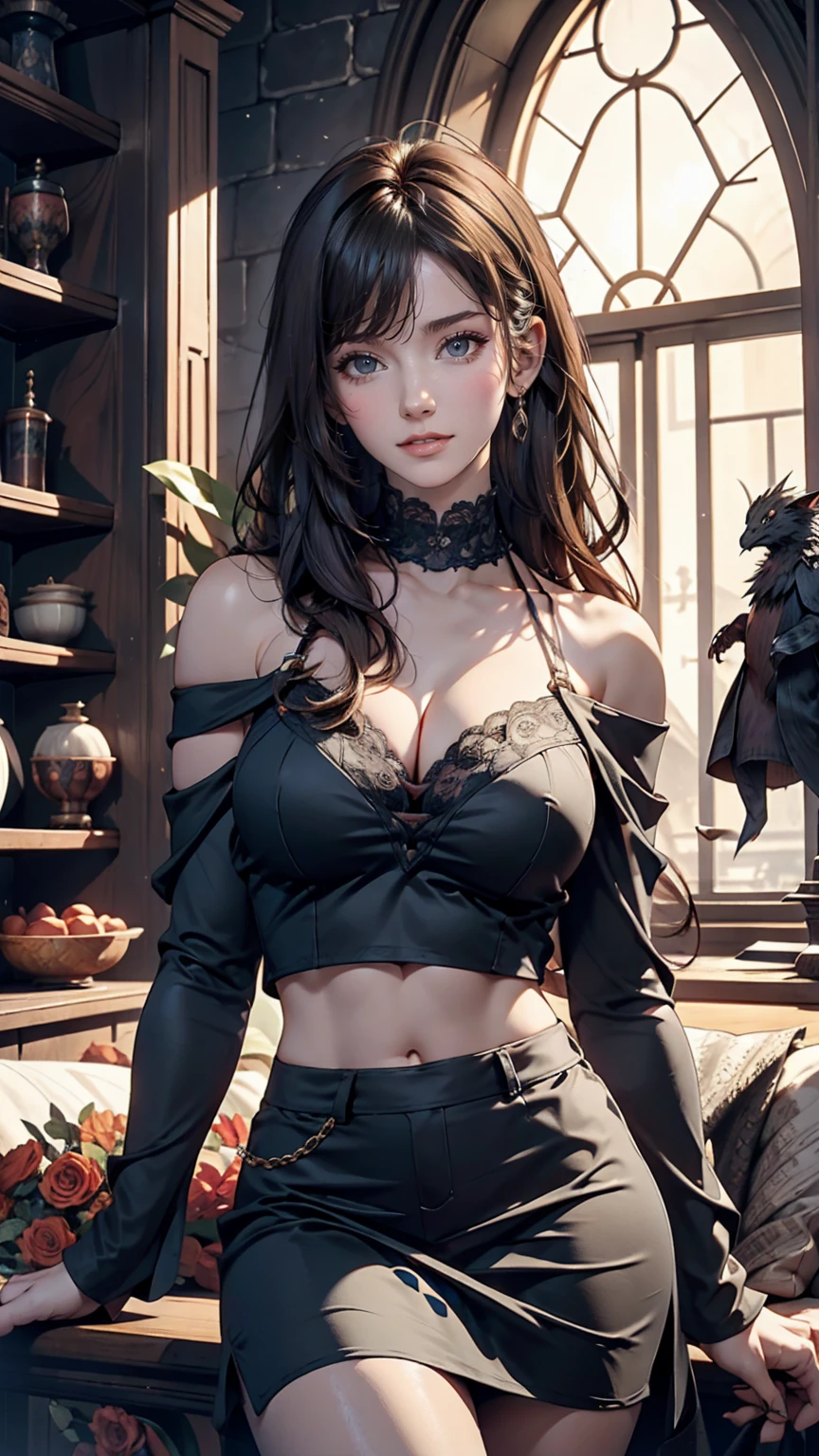 Vast angles, View from the summit, Inside Guldur Valley, Dark floor, First floor with balcony and a view of the abyss, And the floor below the madness staircase, Thorn, Spike Wall. Spooky illustrations, Overly detailed, 8K resolution. Horror Art.24-year-old woman、long hair、Straight Hair、Brown Hair、Purple inner color、Wear off-the-shoulder tops、Cleavage Emphasis、Wear a low-rise mini skirt