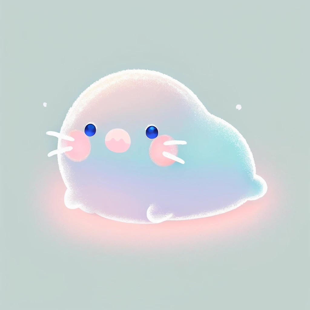 There is a cartoon cat with a pink nose and a blue background, 愛らしいShine生き物, pastel cute slime, Cute digital art, it is glowing, Shine, jelly glow, blobs, Rainbow-colored ghostly, 🐋 as 🐘 as 🤖 as 👽 as 🐳, Soft anime illustration, cute cat, Cute Creatures, Mysterious Eel, Soft as air、A dim glow,dance,smile,cry,emotion