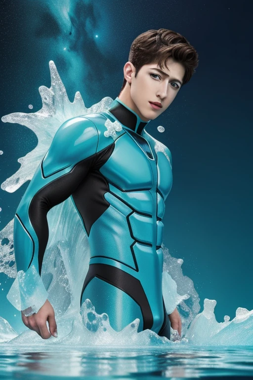 Quarter Body photorealistic handsome male Milo Manheim as Mercury Warrior, cyan haired, wearing cyan  and ice blue, power: water manipulation , in action . space as the background.