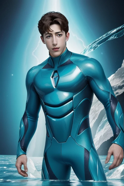 Quarter Body photorealistic handsome male Milo Manheim as Mercury Warrior, cyan haired, wearing cyan and ice blue, power: water manipulation , in action . space as the background.