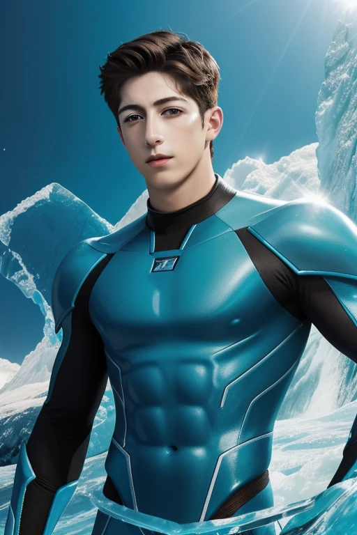 Quarter Body photorealistic handsome male Milo Manheim as Mercury Warrior, cyan haired, wearing cyan  and ice blue, power: water manipulation , in action . space as the background.