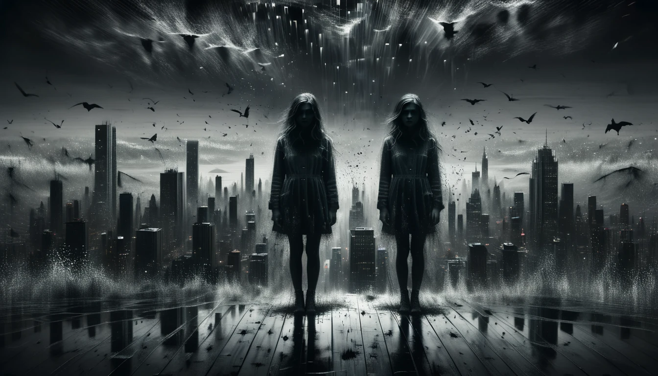 charcoal outline drawing, a girl encounters shadowy figures that represent her fears and regrets, otherworldly landscape. shrouded in darkness, reflection, Her form flickers, turning partially invisible, creating a haunting double exposure as she plummets, her expression a mix of fear and serenity against the backdrop of a fractured skyline
