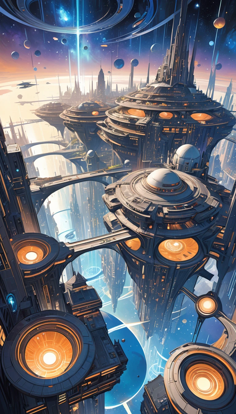 futuristic space city, in space: 1.5, large flying city, with many floating floors in space, housing and all kinds of details on the ship (art inspired by Bill Sienkiewicz). oil painting)