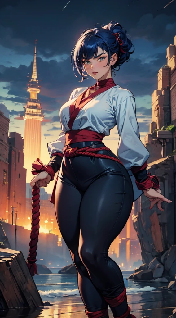 A girl, - Indigo blue hair, short uplifted and fluffy hairstyle, sharp look, a serious expression, a fantasy martial arts style sky blue fabric kung fu outfit, tattered sleeves, hands wrapped in ropes, a linen belt tied around the waist, thick fabric pants, on the cliff in the dark of night, This character embodies a finely crafted fantasy martial arts fighter in the anime style, exquisite and mature manga art style, High definition, best qualityer, high resolution, ultra detali, ultra-fine painting, extremely delicate, proffesional, anatomically correcte, symmetrical face, extremely detailed eye and face, high quality eyes, creativity, CRU photo, ultra HD, 8K, naturallight, cinematic lighting, work of art-anatomy-perfect, work of art:1.5