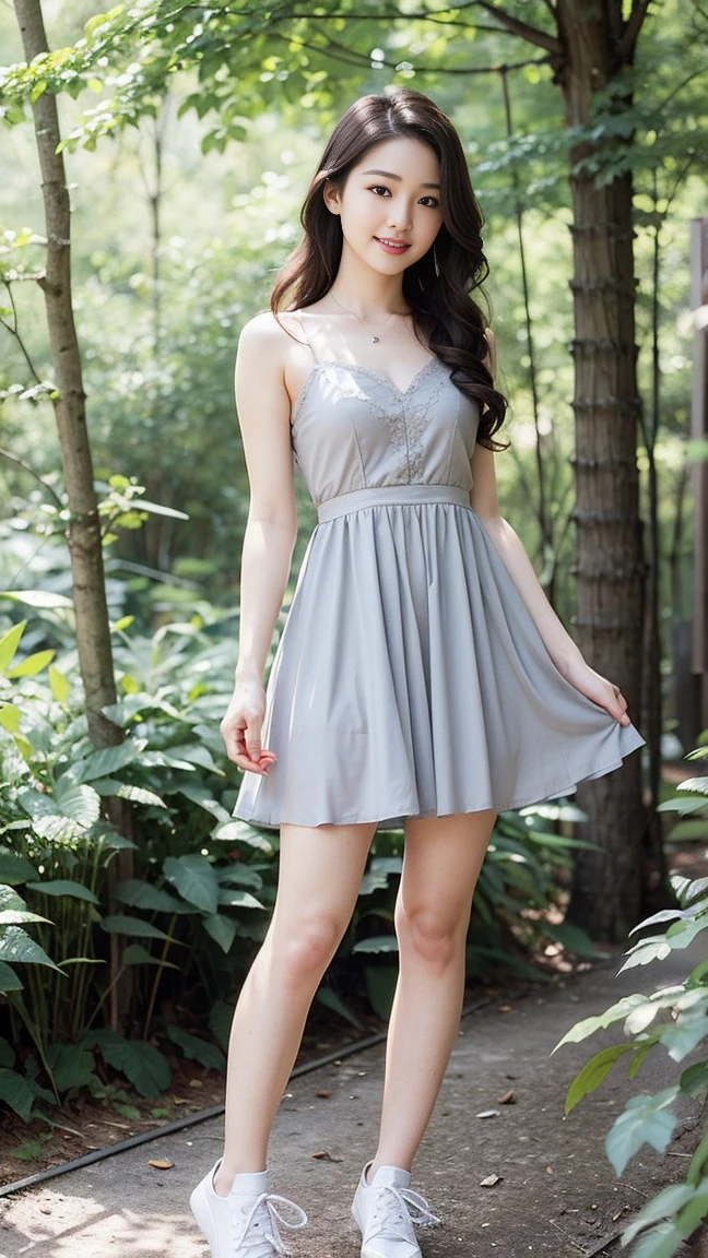 masterpiece, best quality, Surreal, Ultra Detailed, 8k resolution, RAW photos, Clear focus, (A girl in the forest), ((Light grey straight dress:1.1)), sports Shorts,Stand up,full-body shot,Full body posture, Solitary, Perfect body,Bangs to eyebrows、Beautiful brown hair、Beautiful and delicate eyes、Brown eyes、Raise an eyebrow、High Nose、Small nostril、Little mouth、Tempting lips、Mouth slightly open(a charming smile:1.1), 、Oval face, Both eyes, Both eyes皮, Long eyebrows, Long eyelashes, A faint smile, Chest 32 inches,The face is good, Perfect proportion、Perfect Anatomy、Perfect composition、Beautiful and detailed shadows、beautiful natural light、beautiful detailed glow、Depth of Field,32 inches in the chest,(a charming smile:1), (sexy pose),26 years old,Stand up,full-body shot, light,White shoes