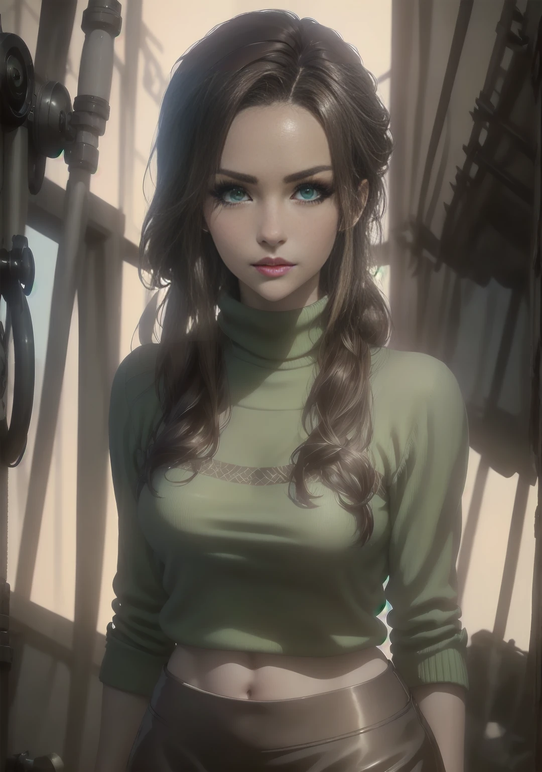 a young woman with dark brown hair, beautiful detailed green and blue eyes with central heterochromia, turtleneck sweater, pencil skirt, pantyhose, high quality, masterpiece, ultra-detailed, realistic, photorealistic, physically-based rendering, beautiful contrast, studio lighting, sharp focus, professional, photography, solo, cowboy shot, simple background, tan skin