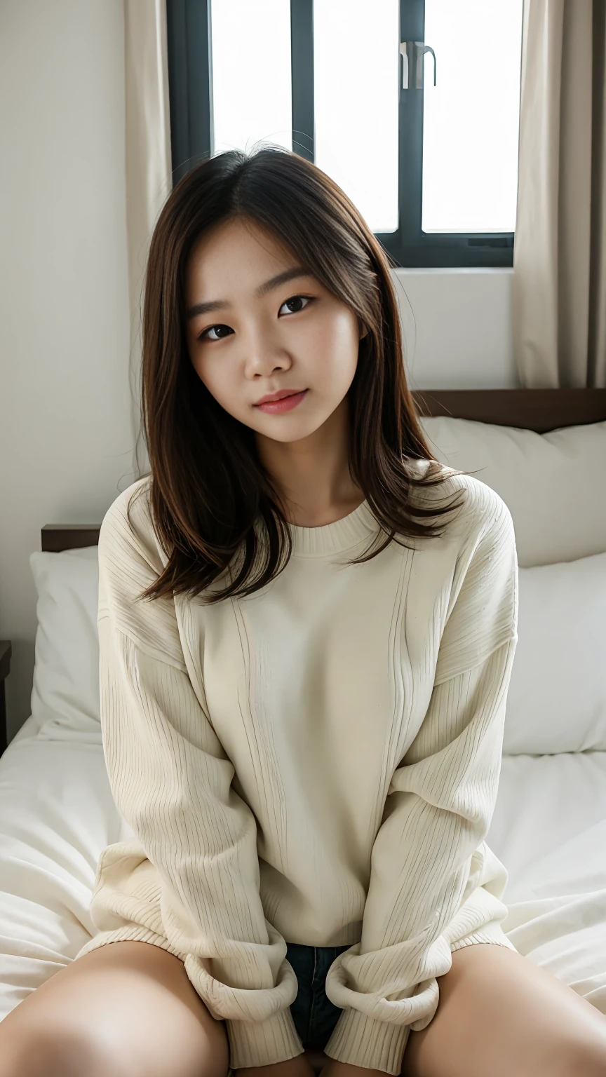 A young Korean woman in a white knitted sweater, sitting on a  bed, messy hair, face straight to viewer, sexy pose, shy expression, cute face, detailed face, detailed clothing, detailed background, natural lighting, warm colors, beautiful scenery, intricate details, highly detailed, photorealistic, 8k, ((masterpiece)), cinematic, portrait