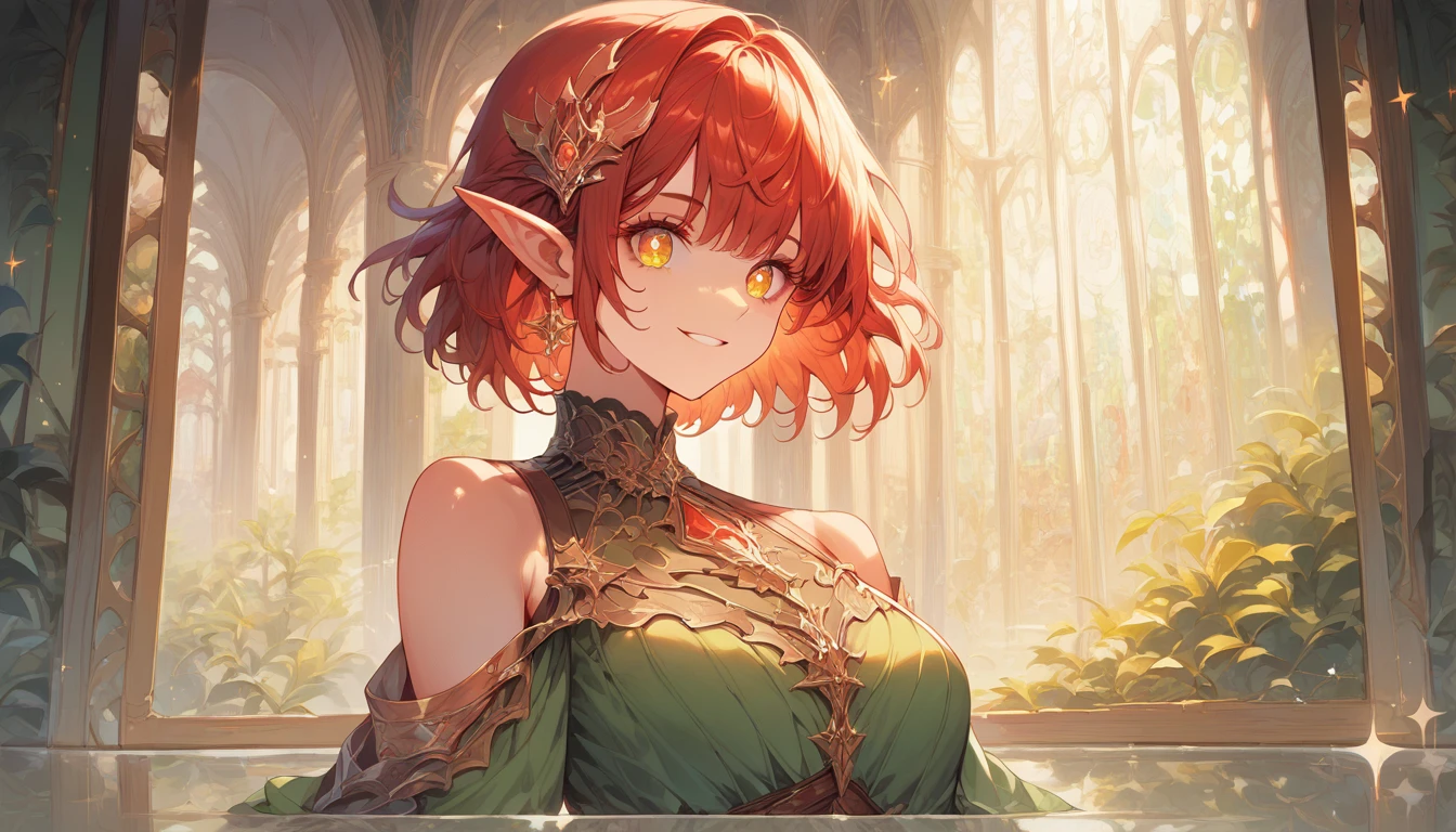 red hair, shiny hair, bob cut, ribbon, mismatched pupils, long pointy ears, elf, smile, sparkle, reflection light, ((masterpiece)), (super detail), textured skin, high quality, highres, best quality, (high details), detailed eyes, detailed face, fantasy animation, sunlight, off-shoulder, green dress, brown belt, jewelry