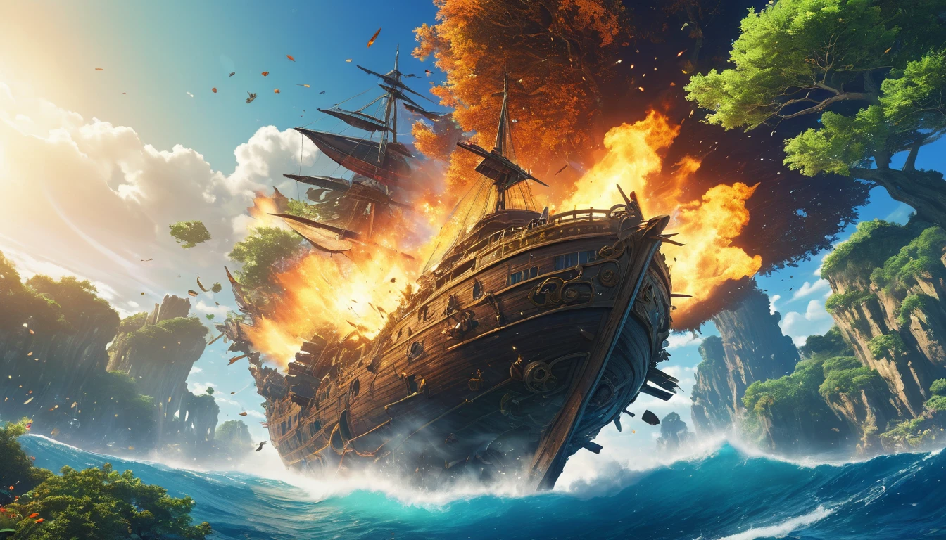 (anime, fantasy, fantasy fly ship), (detailed CG unity 8k wallpaper, masterpiece, best quality, ultra-detailed, HDR:1.2, depth of field), vibrant colors, intricate, high FXAA, crash fly ship, debris, fire surrounding the fly ship, falling tree, close-up shot, final fantasy x
