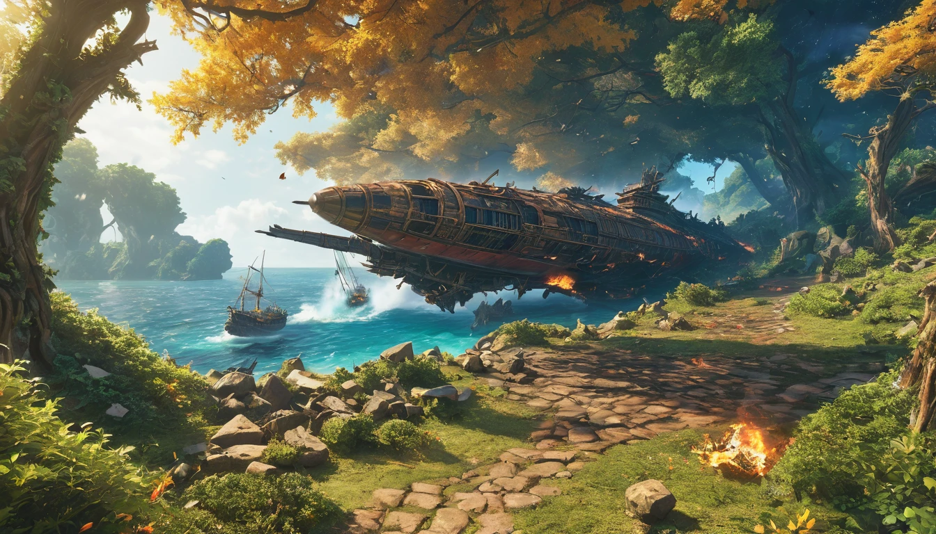 (anime, fantasy, fantasy fly ship), (detailed CG unity 8k wallpaper, masterpiece, best quality, ultra-detailed, HDR:1.2, depth of field), vibrant colors, intricate, high FXAA, crash fly ship, debris, fire surrounding the fly ship, falling tree, close-up shot, final fantasy x