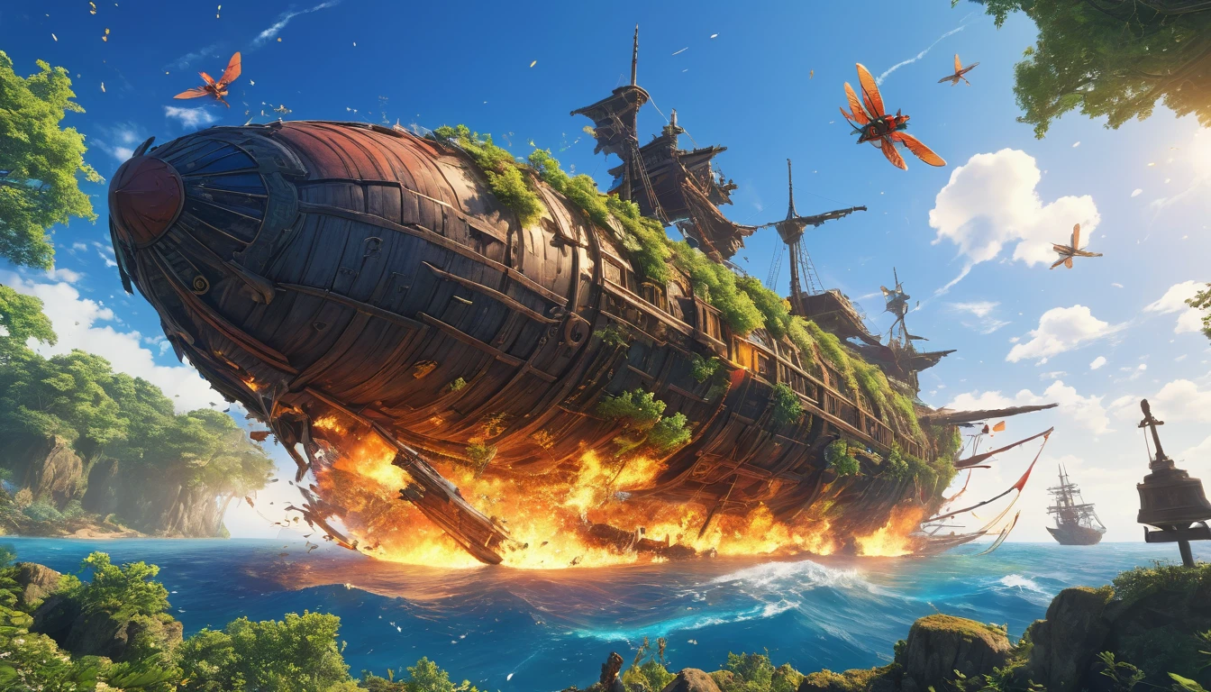 (anime, fantasy, fantasy fly ship), (detailed CG unity 8k wallpaper, masterpiece, best quality, ultra-detailed, HDR:1.2, depth of field), vibrant colors, intricate, high FXAA, crash fly ship, debris, fire surrounding the fly ship, falling tree, close-up shot, final fantasy x