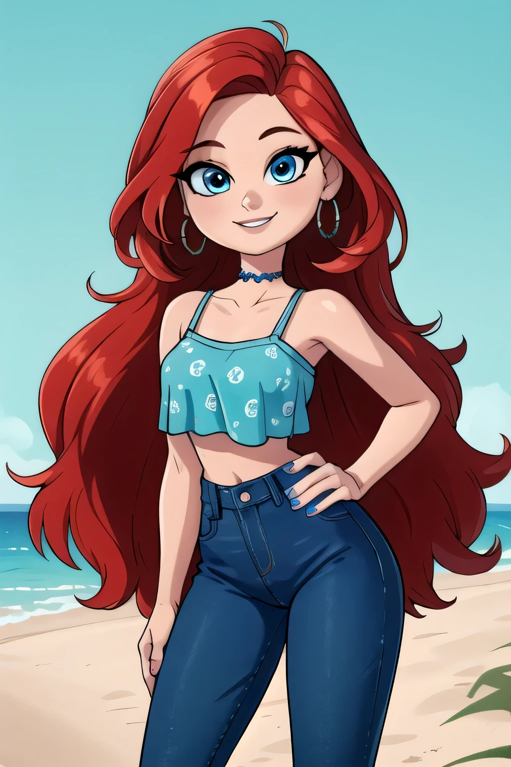 masterpiece,,((ultra detailed background, delicate pattern, intricate detail)), (highly detailed, fine details, rich colors), best quality, beautiful lighting, ruby 1girl, solo, long hair, looking at viewer, smile, jewelry, very long hair, standing, red hair, earrings, pants, blue eyes, white-skinned female, aqua ruffle crop top, denim, blue nails, jeans, hoop earrings, blue pants, beach background, 