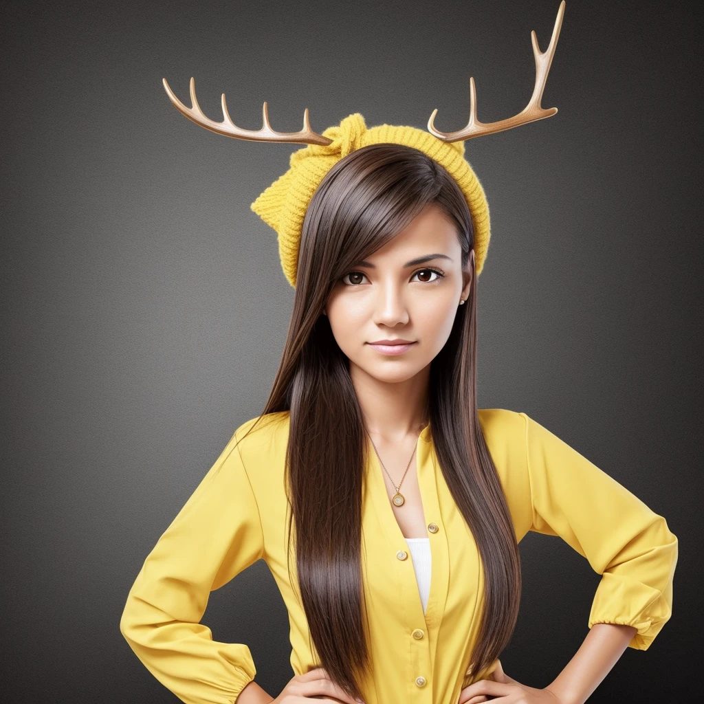 Generate an image of a female entrepreneur with a serious expression, standing upright and facing directly forward in a chest-up portrait style, resembling a passport photo. She is wearing yellow clothing and has antlers growing from her head. Ensure the background is simple to highlight her presence.