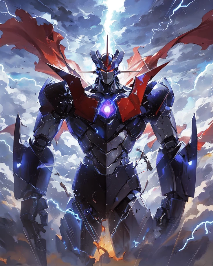 A colossal robot standing in the midst of a violent thunderstorm. The robot has a powerful and intimidating presence with a sleek, armored body in shades of dark blue and red. Its eyes are glowing brightly, and a radiant energy core is visible on its chest. Lightning bolts are striking around and onto the robot, illuminating the scene with intense, dramatic light. The robot’s cape is tattered and flutters in the fierce wind. The background is filled with dark, stormy clouds, with occasional bursts of lightning cutting through the sky. The overall atmosphere is intense and electrifying, conveying a sense of epic power and dominance.