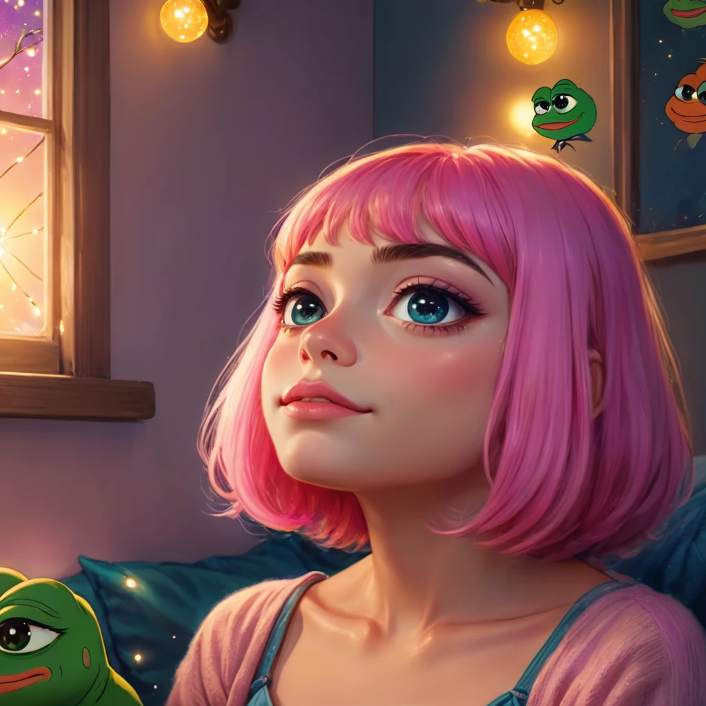 a cute anime pepe the frog with long pink hair, beautiful detailed eyes, beautiful detailed lips, extremely detailed face and expression, bright and colorful, glowing skin, meme-inspired facial expression, sitting in a cozy bedroom, sunlight streaming through the window, decorative pillows and fairy lights, (best quality,4k,8k,highres,masterpiece:1.2),ultra-detailed,(realistic,photorealistic,photo-realistic:1.37),vibrant colors,soft lighting,cute and whimsical,digital painting