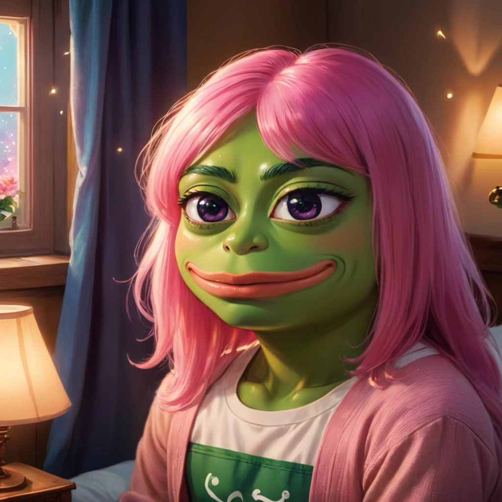 a cute anime pepe the frog with long pink hair, beautiful detailed eyes, beautiful detailed lips, extremely detailed face and expression, bright and colorful, glowing skin, meme-inspired facial expression, sitting in a cozy bedroom, sunlight streaming through the window, decorative pillows and fairy lights, (best quality,4k,8k,highres,masterpiece:1.2),ultra-detailed,(realistic,photorealistic,photo-realistic:1.37),vibrant colors,soft lighting,cute and whimsical,digital painting