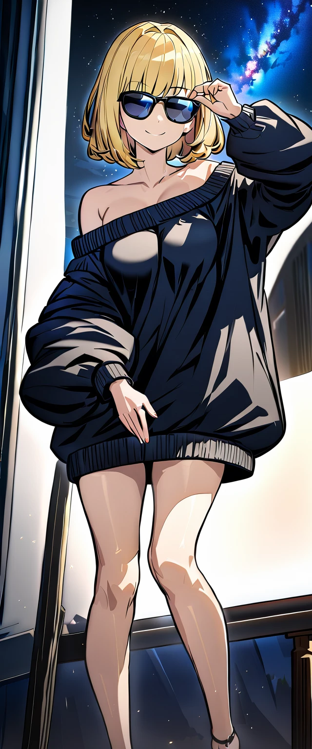 ((out door)), bare legs, A quiet mountain landscape with a starry sky stretching out, the Milky Way shining beautifully in the night, (()), (((sunglasses, hand to sunglasses))), ((())), ((wavy hair, inward curled hair)), ((night)), ((blond hair, bob cut:1.3)), breasts, teenager, (looking at viewer), oversized clothes, puffy long sleeves, ((off-shoulder sweater:1.3, Quite thick shoulder straps)), ((black sweater)), collarbone, head tilt:1.3, (((blue eyes))), ((happy smile)), (((anime style))), (best quality, 4K, 8K, highres, masterpiece:1.2, ultra-detailed, ultra-detailed eyes, HDR, uhd, studio lighting, ultra-fine painting, sharp focus, physically-based rendering, extreme detail description, professional, vivid colors, bokeh)