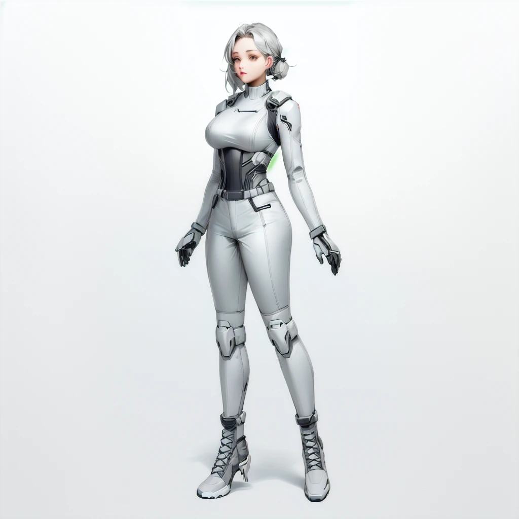 Enhance render style, female full grey uniform, grey outfit, grey color scheme, monochrome, white background,
