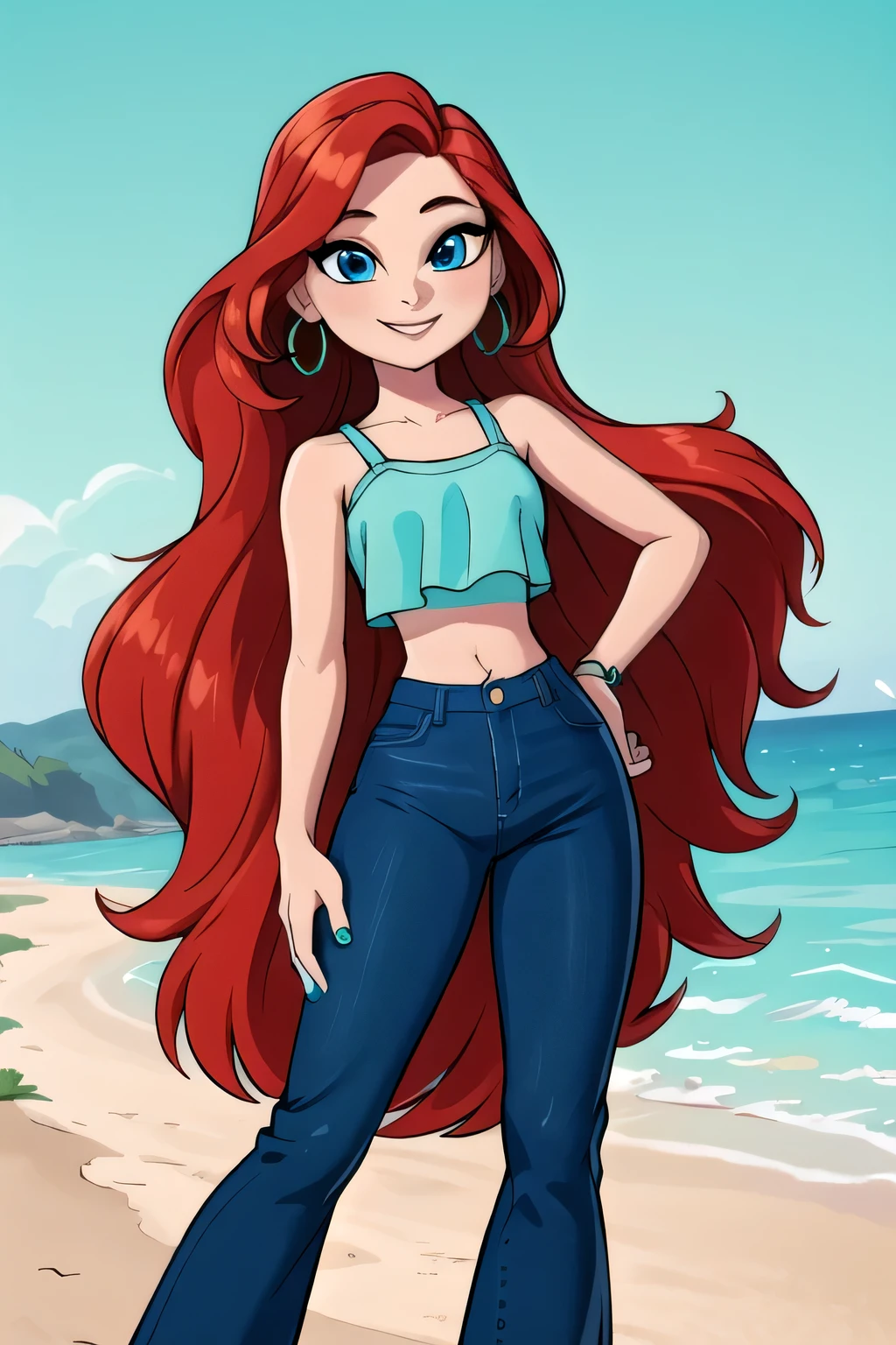 masterpiece,,((ultra detailed background, intricate detail)), (highly detailed, fine details, rich colors), best quality, beautiful lighting, ruby 1girl, solo, long hair, looking at viewer, smile, jewelry, very long hair, standing, red hair, earrings, pants, blue eyes, white-skinned female, aqua ruffle crop top, denim, blue nails, jeans, hoop earrings, blue pants, beach background,
