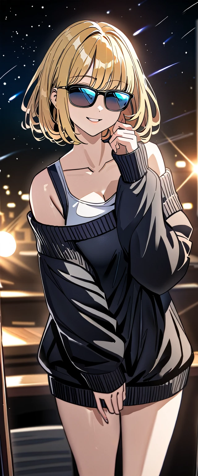 ((sea, beach)), out door, bare legs, ((A meteor shower dancing in the night sky, countless stars twinkling in the clear air)), (((sunglasses, hand to sunglasses))), ((())), ((wavy hair, inward curled hair)), ((night)), ((blond hair, bob cut:1.3)), breasts, teenager, (looking at viewer), oversized clothes, puffy long sleeves, ((off-shoulder sweater:1.3, Quite thick shoulder straps)), ((black sweater)), collarbone, head tilt:1.3, (((blue eyes))), ((happy smile)), (((anime style))), (best quality, 4K, 8K, highres, masterpiece:1.2, ultra-detailed, ultra-detailed eyes, HDR, uhd, studio lighting, ultra-fine painting, sharp focus, physically-based rendering, extreme detail description, professional, vivid colors, bokeh)