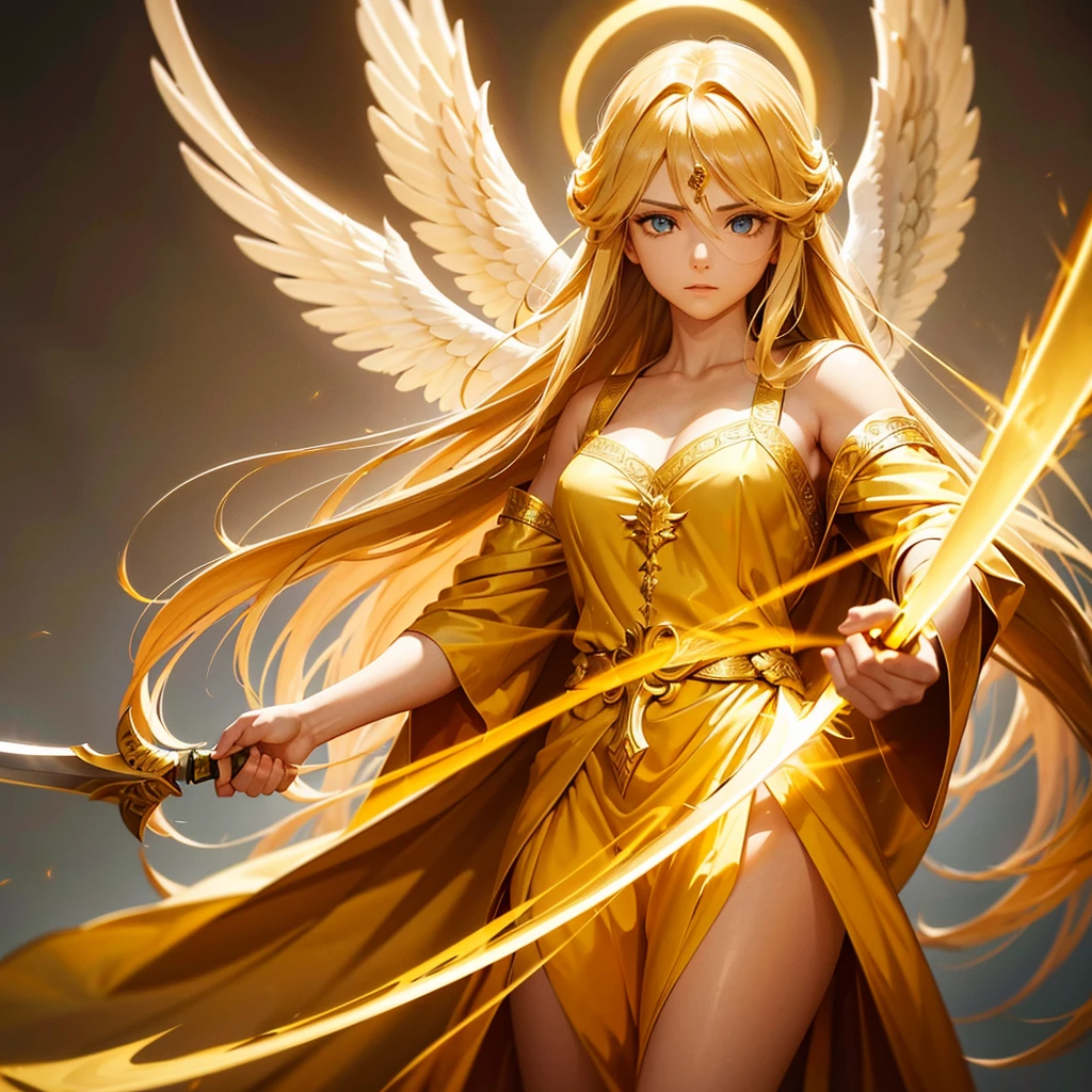 1 imposing serene angel, intense eyes, majestic wings, radiating aura of strength and calm, golden flowing hair, simple yet elegant robes, protective stance, holding a sword of light in left hand, glowing yellow aura, photorealistic, cinematic lighting, highly detailed, masterpiece