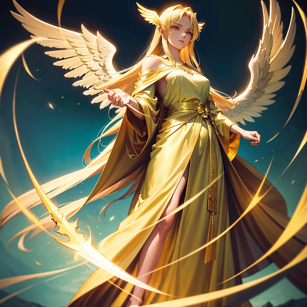 1 imposing serene angel, intense eyes, majestic wings, radiating aura of strength and calm, golden flowing hair, simple yet elegant , protective stance, holding a sword of light in left hand, glowing yellow aura, photorealistic, cinematic lighting, highly detailed, masterpiece