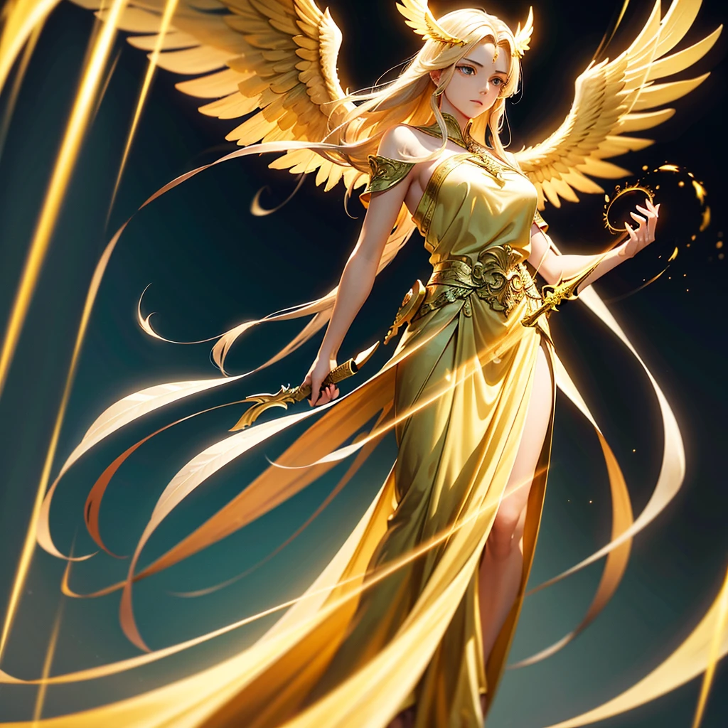 1 imposing serene angel, intense eyes, majestic wings, radiating aura of strength and calm, golden flowing hair, simple yet elegant robes, protective stance, holding a sword of light in left hand, glowing yellow aura, photorealistic, cinematic lighting, highly detailed, masterpiece